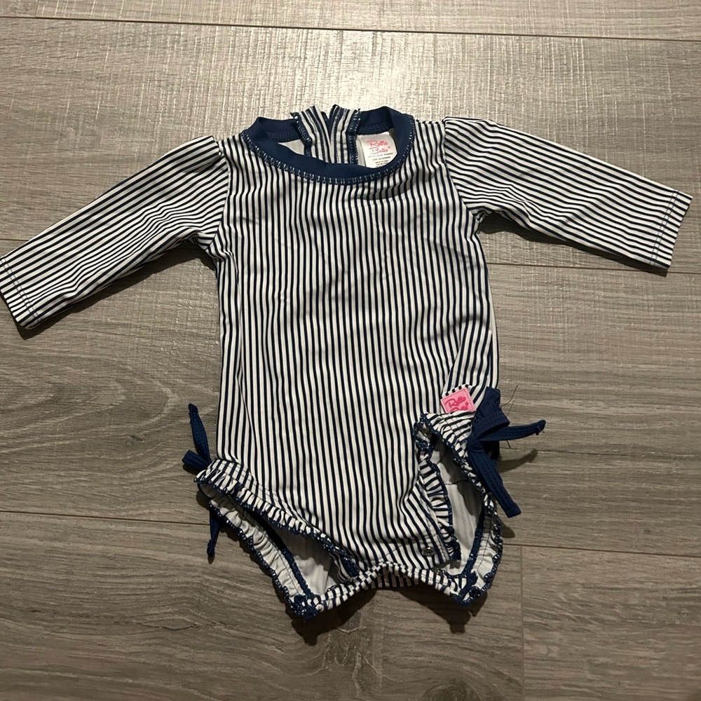Navy Striped Ruffle Butts Longsleeve Rashguard